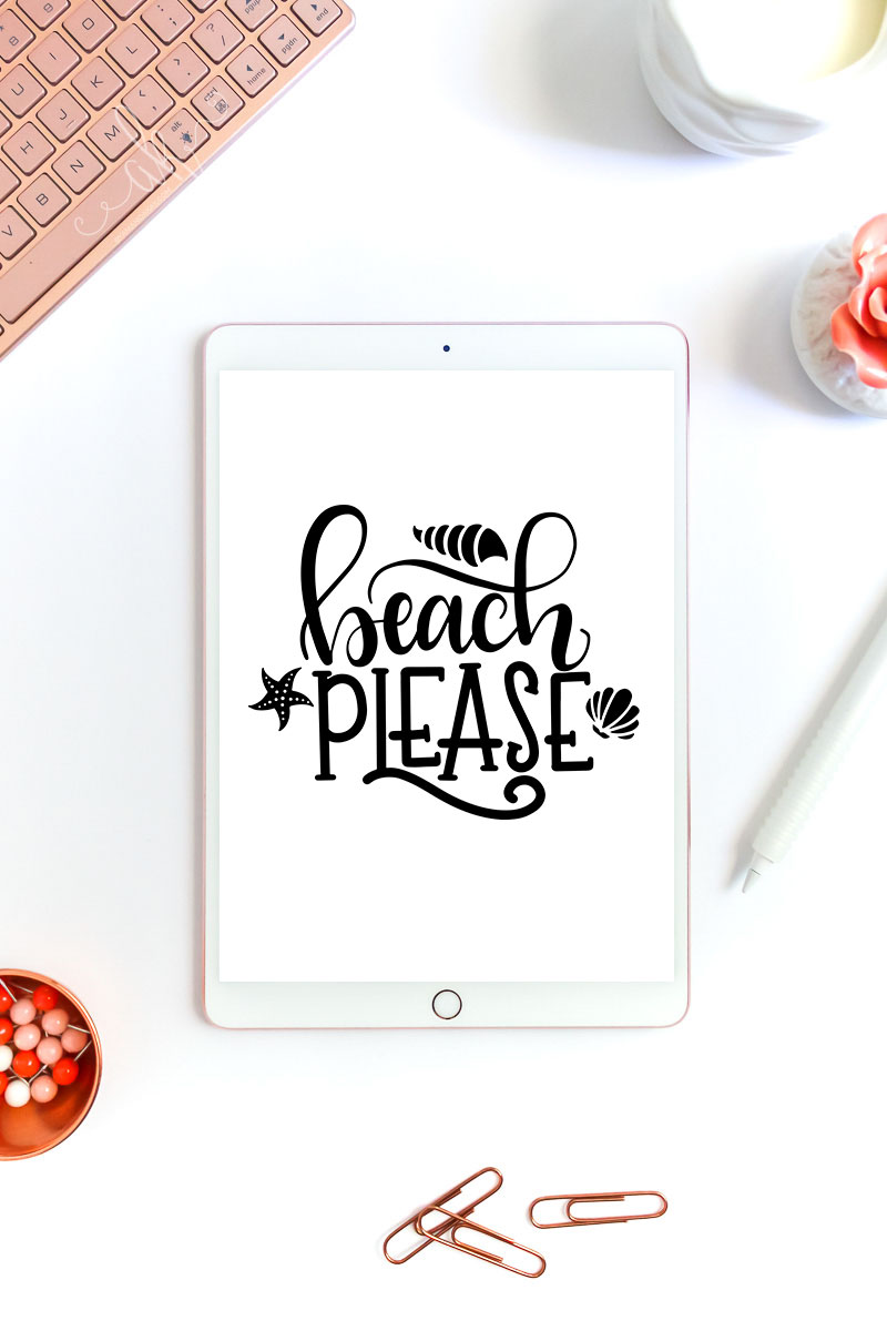 Beach Please design on an iPad with copper and pink decor 