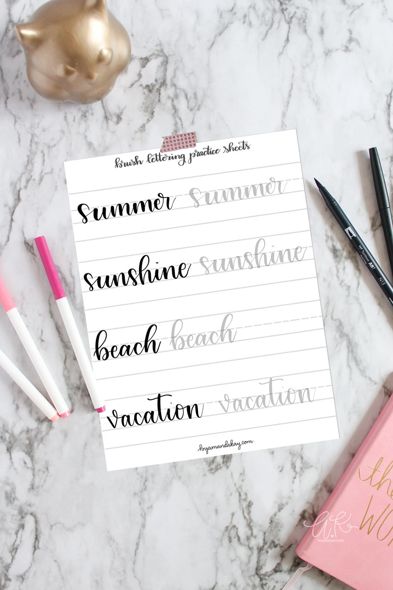 summer words brush lettering practice sheets