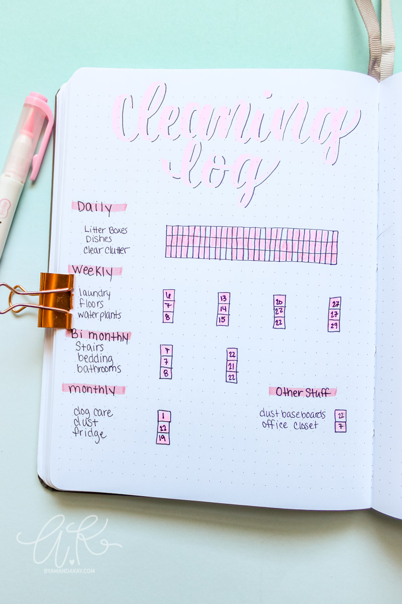 cleaning log with check boxes for a bullet journal