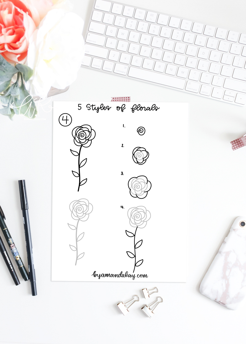 Paper on desk with floral worksheet, step by step process