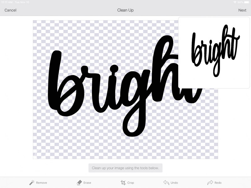 Screen shot adding bright word image to Cricut design space