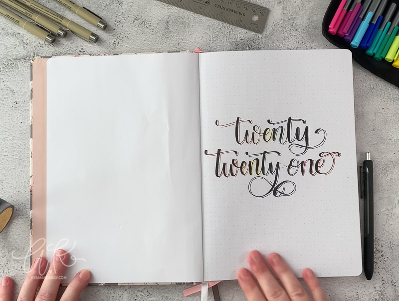 front page of bullet journal with twenty twenty one in script