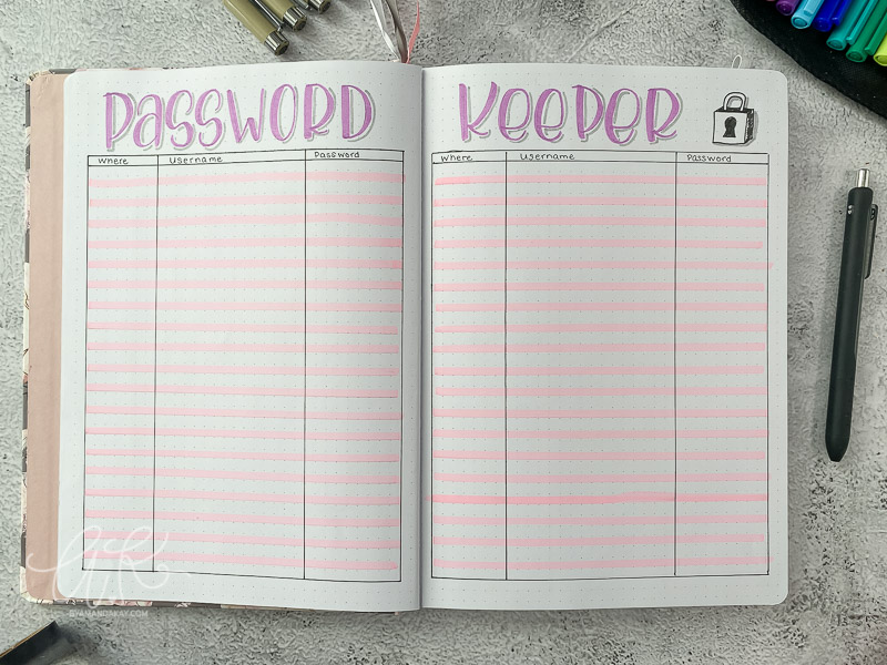 bullet journal password tracker