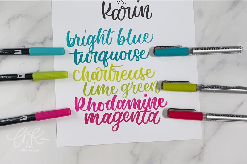 Karin and tombow brush calligraphy color names on paper