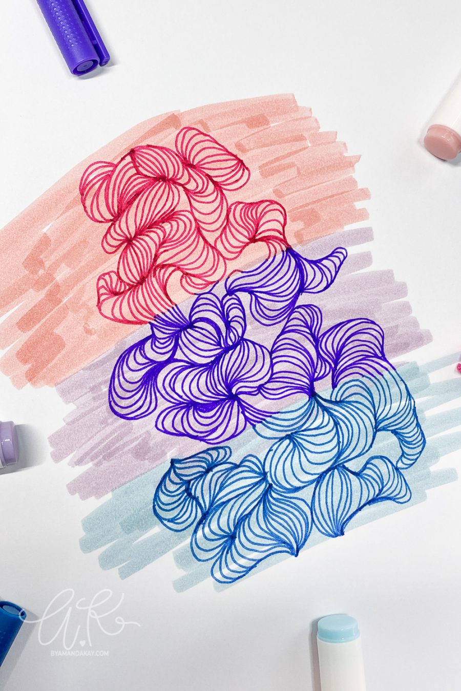 Pink Blue and Purple line art on a brush marker background