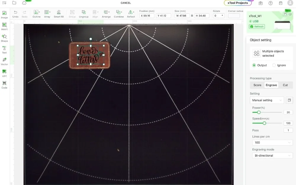 screenshot of aligning the design on the leatherette patch in the m1 laser in creative space